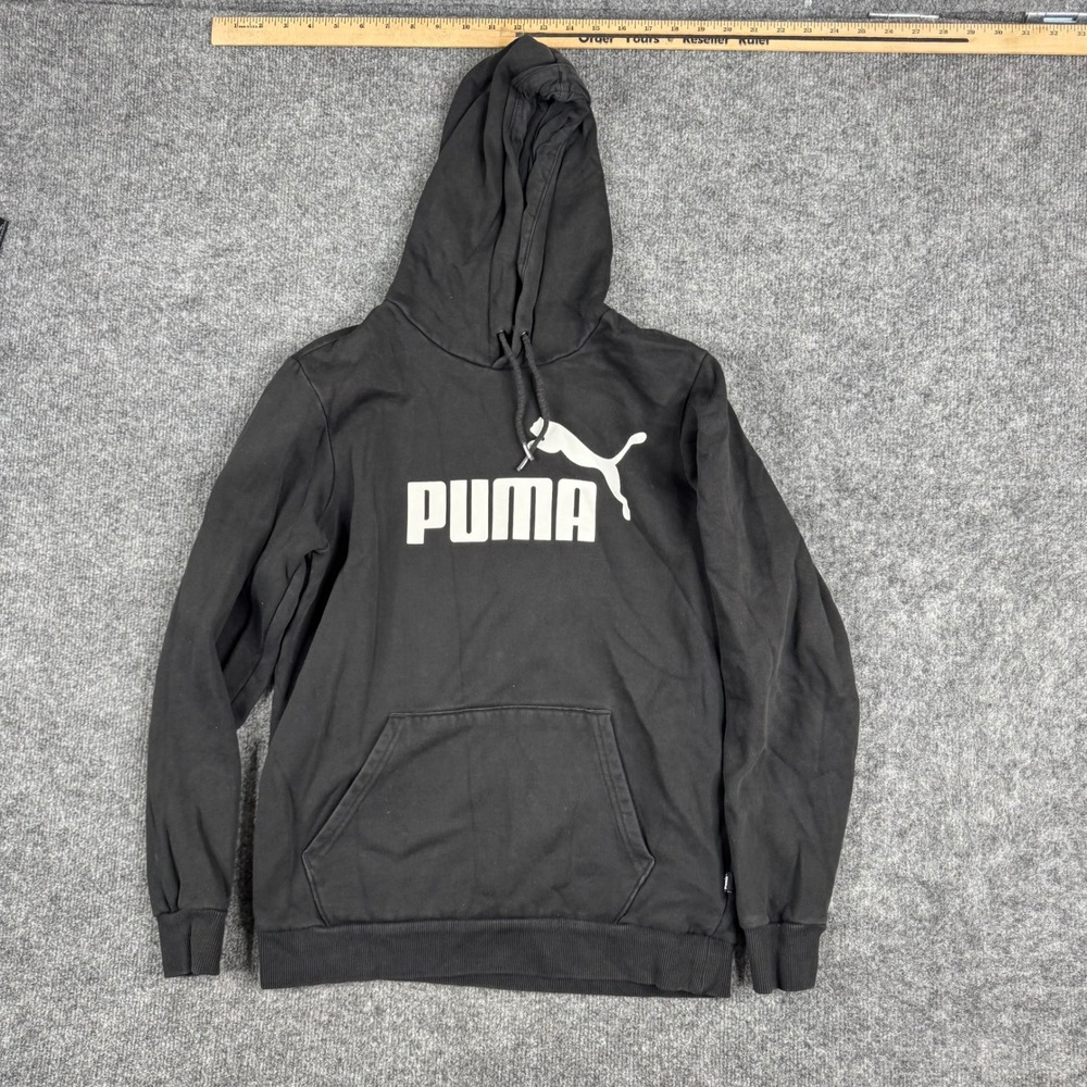 Puma Hoodie Mens Size S Black Graphic Logo Long Sleeve Pullover Sweatshirt